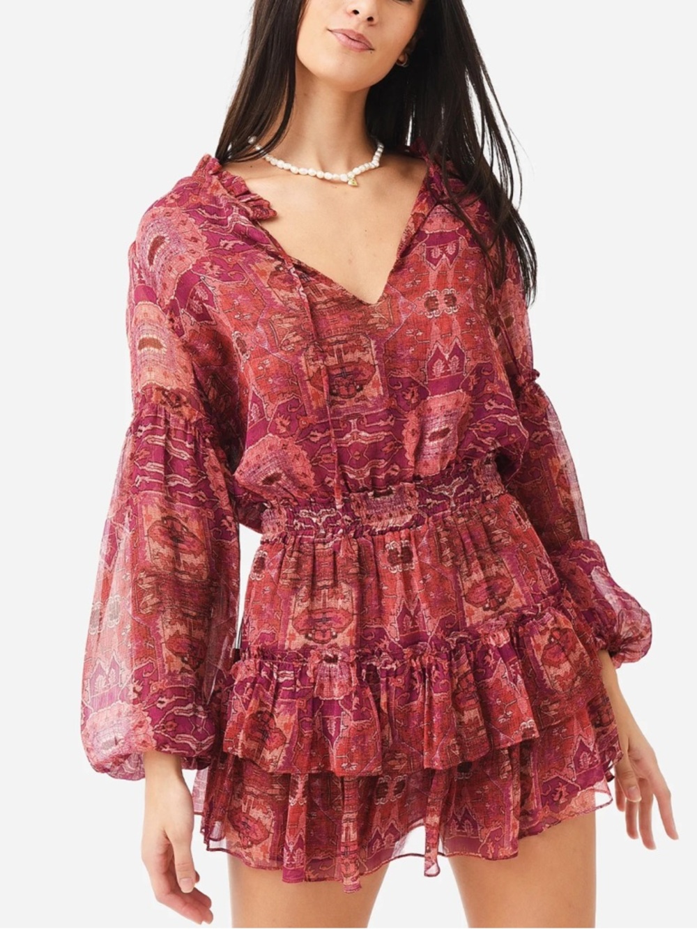 MISA Womens Teya long sleeve tie neck mini dress L NWT